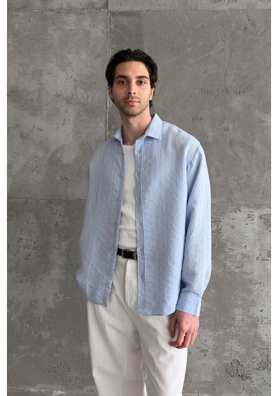 Erkek Oversize Çizgili Modal Gömlek Mavi