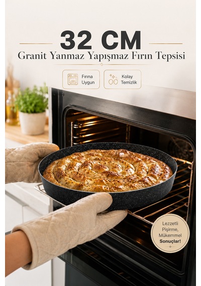 Granit Döküm Yuvarlak Fırın Tepsi Yanmaz Yapışmaz Yüksek Isıya Dayanıklı 32 Cm