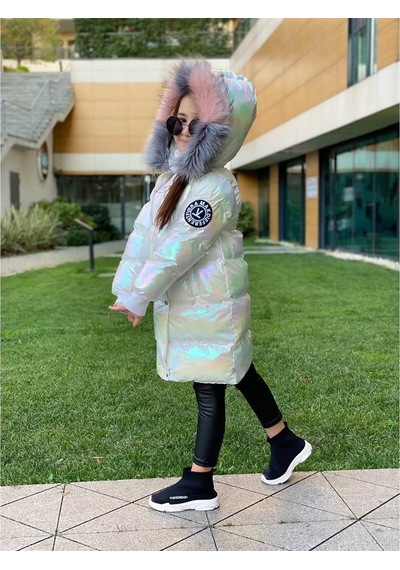Quzucuk Kids 3 Çınar Kız Çocuk Petrol Beyaz Uzun Şişme Mont Bej