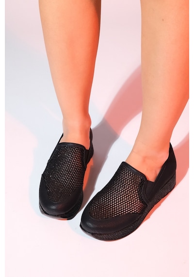 Luvishoes Purcan Siyah Simli Fileli Kalın Tabanlı Kadın Günlük Ayakkabı Siyah