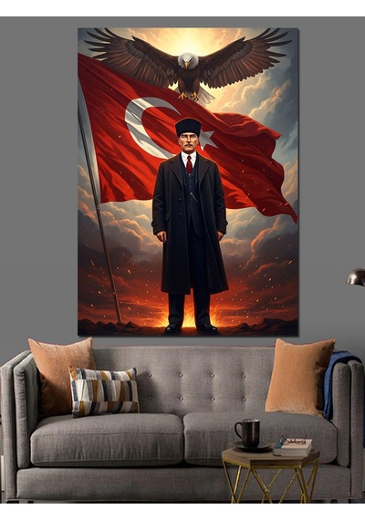 Türk Bayrağı Önünde Atatürk Silüeti Dekoratif Kanvas - Mdf Ahşap Tablo