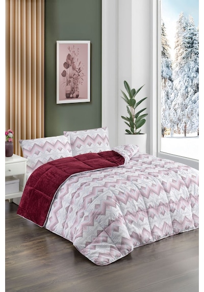 Renkli Desenli Çift Kişilik Yorgan Peluş Çift Taraflı Yastık Kılıflı Çarşafsız 04 Bordo
