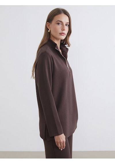 Lcw Everyday Kahverengi Dik Yaka Çizgili Oversize Kadın Tişört