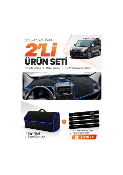Fıat Doblo 2013-2015 Kapaklı Uyumlu Torpido Örtüsü + Tay Tüyü Bagaj Çantası + Sticker - Siyah Mavi