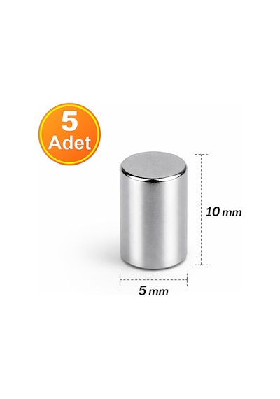 5 Adet - 5x10 Mm Neodyum Mıknatıs Yuvarlak Güçlü Neodim