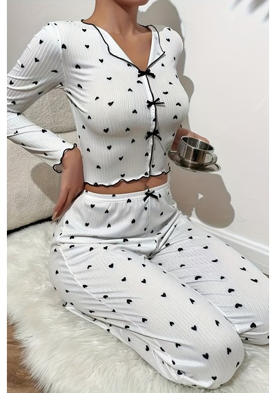 Merry See Kalp Baskılı Uzun Kollu Pijama Takımı Beyaz