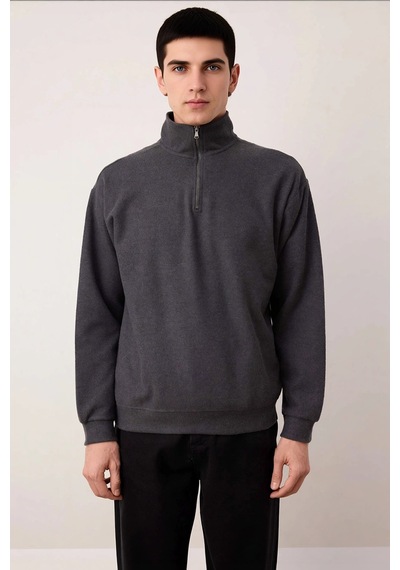 Benerly Erkek Dik Yaka Standart Kol Selanik Oversize Kalıp Sweatshirt Fon Antrasit