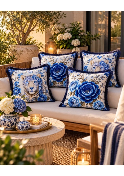 Mavi Leopar Desenli 4 Lü Saçaklı Kırlent Kılıfı 45 x 45