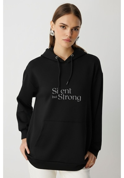 Mizalle Yumuşak Dokulu Kapüşonlu Siyah Sweatshirt Siyah
