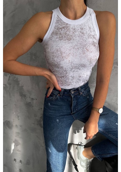 Balenbi Kadın Sim Baskılı Kolsuz Kaşkorse Body 1065 Beyaz 2
