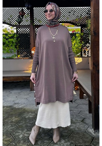Rabia Şamlı Sevda Triko Tunik Sütlü Kahve Çok Renkli