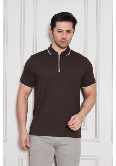 Erkek Jeuss Oysho Kumaş Fermuarlı Yakalı Kahverengi Tshirt