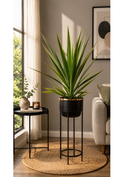Bitkidunyam Mat Ayaklı Saksı, Metal, Altın Detaylı Kenar, Modern Minimalist Stil, İç Mekan, 62x26 Cm No:12 Siyah