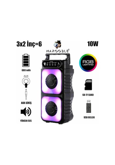 Hf-3225 Rgb Işıklı Taşınabilir Bluetooth Mikrofon Destekli Hoparlör 3x2 İnç Çift Woofer Usb Tf Destekli