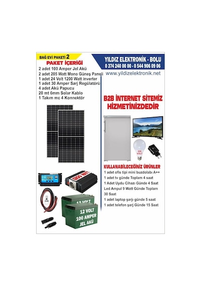 Solar Bağ Evi Paketi 2- 410watt Panel - 200 Amper Jel Akü - 1200watt İnverter