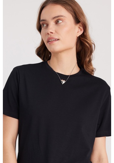 Tudors Kadın Slim Fit Dar Kesim Pamuklu Yumuşak Doku Likralı Esnek Kumaş Basic Siyah Bisiklet Yaka Tişört-37833 Siyah