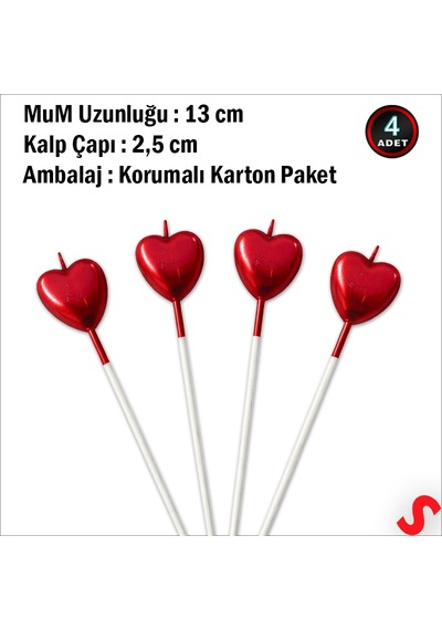 Çubuklu Metalik Kırmızı Kalp Mum - 13 Cm X 4 Adet