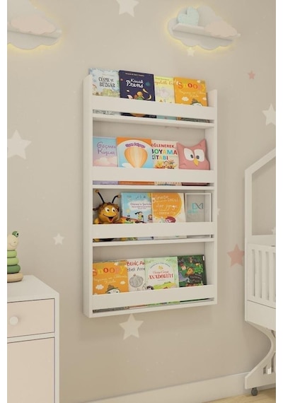 Montessori Çocuk Kitaplığı 4 Raflı Duvar Tipi Beyaz Kitaplık - Eğitici Tasarım