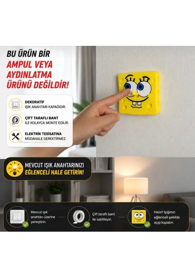 Sünger Bob Işık Anahtarı Kapağı Burnu Hareketli Işık Açma Kapama Aparatı Dekoratif Çocuk Odası Süngerbob 001