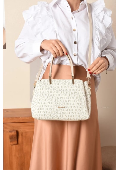 Just Polo Kadın Monogram Baskılı Orijinal El Ve Omuz Çantası Ayarlanabilir Askısıyla 2120mh Krem