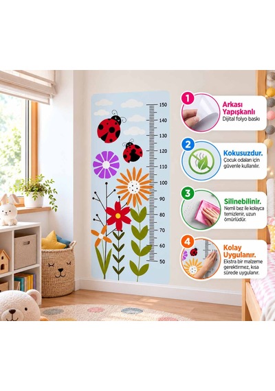 Çocuk Odası Boy Ölçer Çiçek Desenli Duvar Stickerı Folyo Baskı, Dekoratif Boymetre