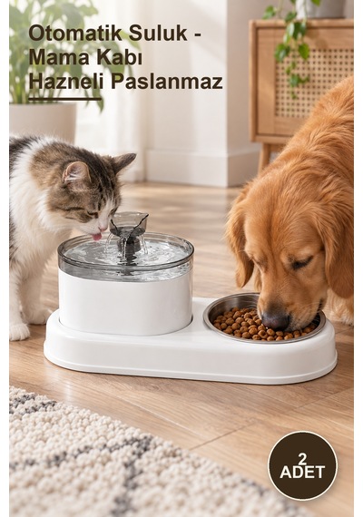 2 Adet Otomatik Suluk - Mama Kabı Hazneli Paslanmaz