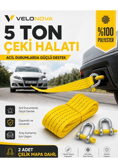 5 Ton Çekme Halatı 3 Metre 5 Cm 2 Adet Omega Kilitli Çelik Mapa Ce Belgeli %100 Polyester Araç Kurtarma Halatı Sarı