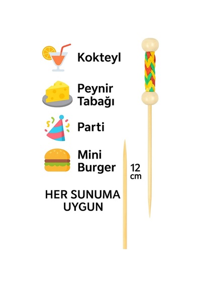 50'li Pkt - Sarı Örgülü Şık Sunumlar İçin 12 Cm Dekoratif Bambu Kürdan Parti Ve Davet Kürdanı