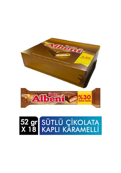Ülker Albeni Çikolata 52 Gr X 18'li Paket Sütlü Çikolata Kaplı Karamelli 8'li Paket