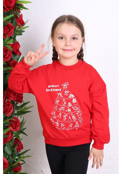 Kız Çocuk Relax Fit Bisiklet Yaka Düşük Omuz Baskılı Sweatshirt - 2 İplik Kırmızı