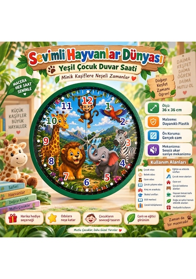Almira Duvar Saati Sevimli Hayvanlar Dünyası 36 X 36 Cm Yeşil Çocuk Duvar Saati
