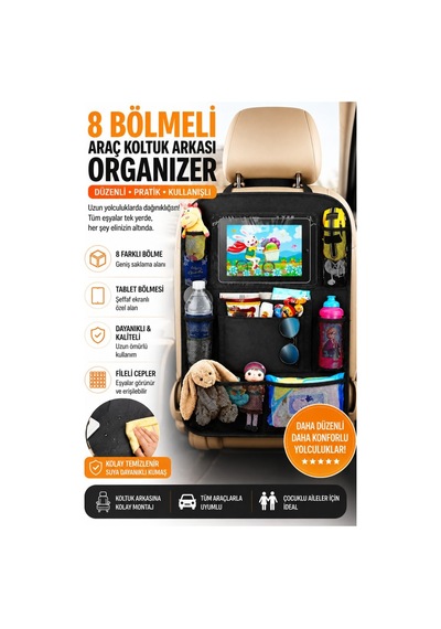 Polham 8 Bölmeli Araç Koltuk Arkası Organizer Tablet Bölmeli Fileli Oto Koltuk Arkası Eşya Düzenleyici