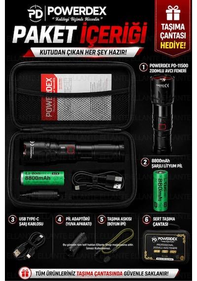 Profesyonel Zoomlu Avcı Feneri 40w 4000 Lümen 8800 Mah Şarjlı Led El Feneri Dijital Batarya Gösterge Çok Renkli