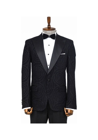 Wessi Hipnoz Desen Sivri Yaka Slim Fit Siyah Erkek Smokin Ceket Siyah