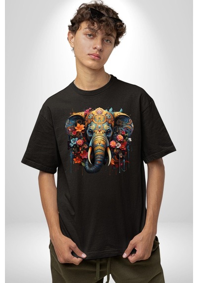Bereket Fil Hintli Tasarım Pamuklu Bisiklet Yaka Unisex Oversize Boyfriend Dijital Baskılı Siyah T-shirt Siyah
