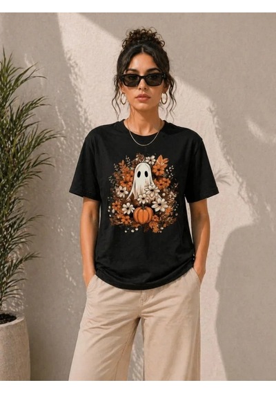 Efnaz Style Balkabağı Hayalet Baskılı Tişört Kısa Kol Yazlık T-shirt - Siyah