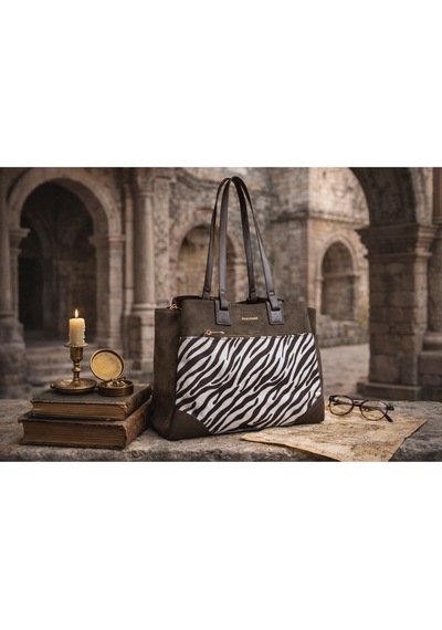 Dukidaso Kahverengi Zebra Desen Ön Cepli Kadın Omuz Çantası Kahverengi T8346 Kahve