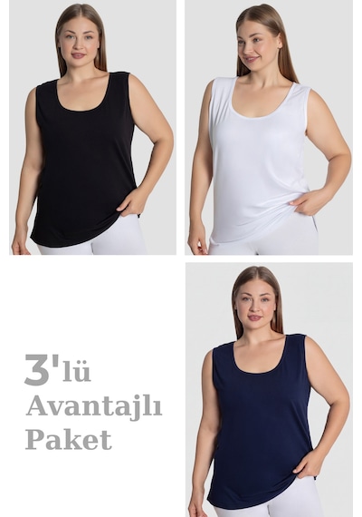 Arma Yıldız Kadın Pamuklu Büyük Beden Kalın Askılı Atlet 3'lü Paket Siyah Beyaz Lacivert
