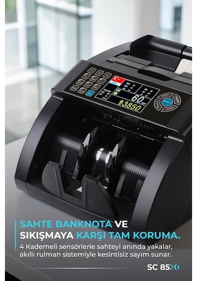 SC8520 Karışık Para Sayma Makinesi, TL ve Euro Karışık, Usd Adet Sayım  + Müşteri Ekranı