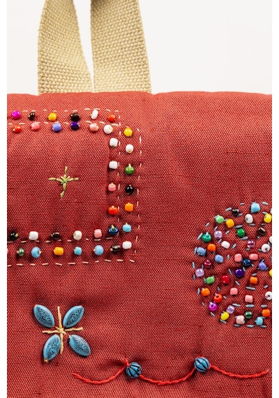 Fabric Craft Bag Sırt Çantası Kumaş Boho Nakışlı Koyu Bej - Bordo