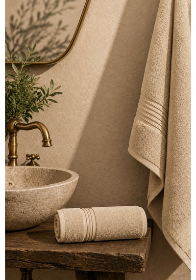 50x90 Pamuklu El Yüz Havlusu Yumuşak Dokulu Yüksek Su Emici Banyo Havlusu Dekoratif Bordürlü Günlük Kullanım Ekru