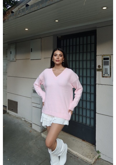 Kechi Woman V Yaka Oversize Triko Kazak Pembe