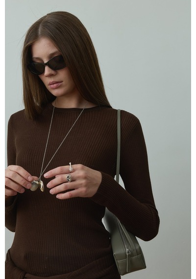 Suud Collection Acı Kahve Ray Fitilli Triko Bluz Koyu Kahverengi