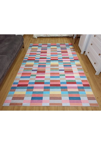 Modern Renkli Blok Desenli Geometrik Halı - 12439ou Pembe