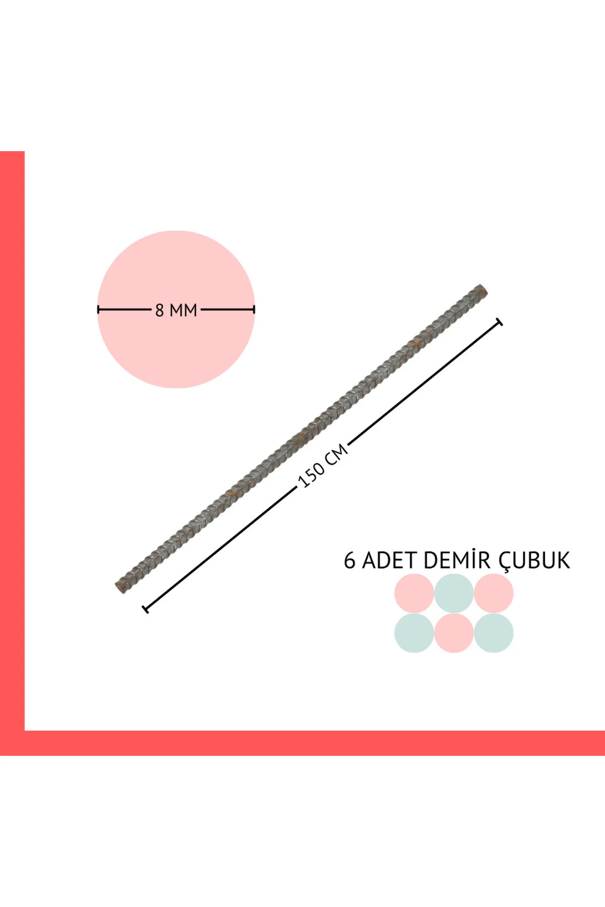 6 Adet 8 Mm X 1.5 Metre Demir Çubuk Kaynaklanabilir Demir Kazık, Bahçe Çiti Ve Sabitleme Direği Metal
