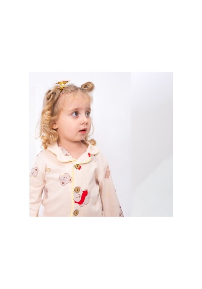 Bebegen Unisex Somon Sarı Biyeli Kırmızı Ayıcık Desenli Kruvaze Yaka Pijama Takımı Çok Renkli