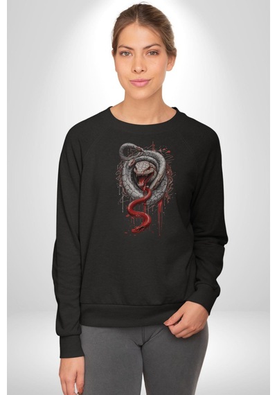 Beyaz Ve Kırmızı Yılan Unisex Siyah Baskılı Sweatshirt Siyah