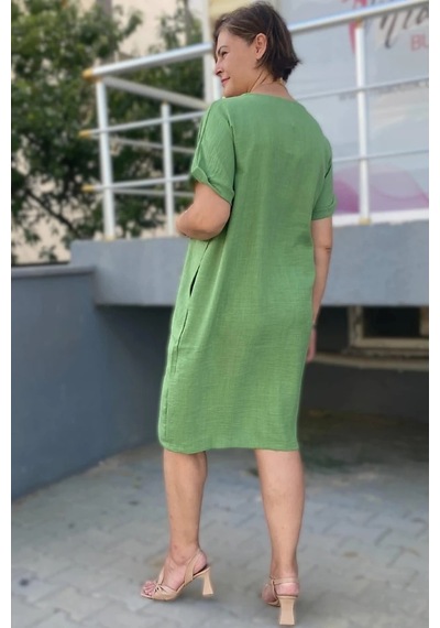 Mia Butik Büyük Beden Yeşil Kolye Hediyeli Salaş Elbise Yeşil