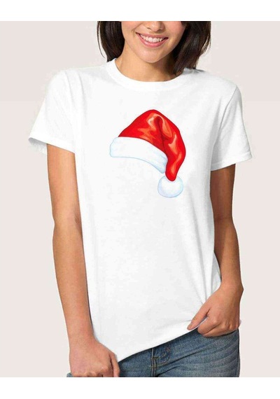 Watercolor Christmas Hat Kadın Beyaz Tshirt