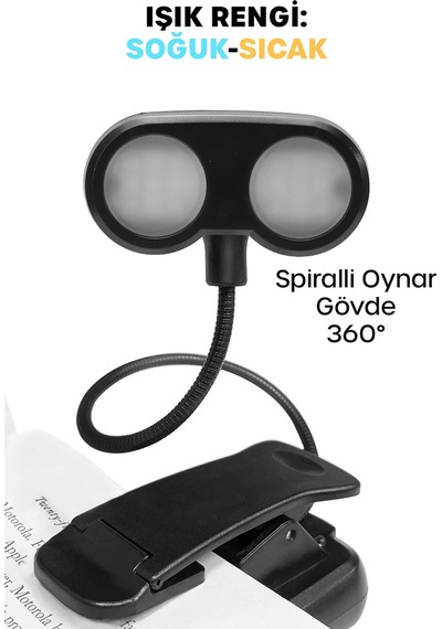 Ledli 2 Renk Işıklı Klipsli Mini Kitap Okuma Lambası Mandallı Masa Lambası Kitap Okuma Işığı 012 Siyah